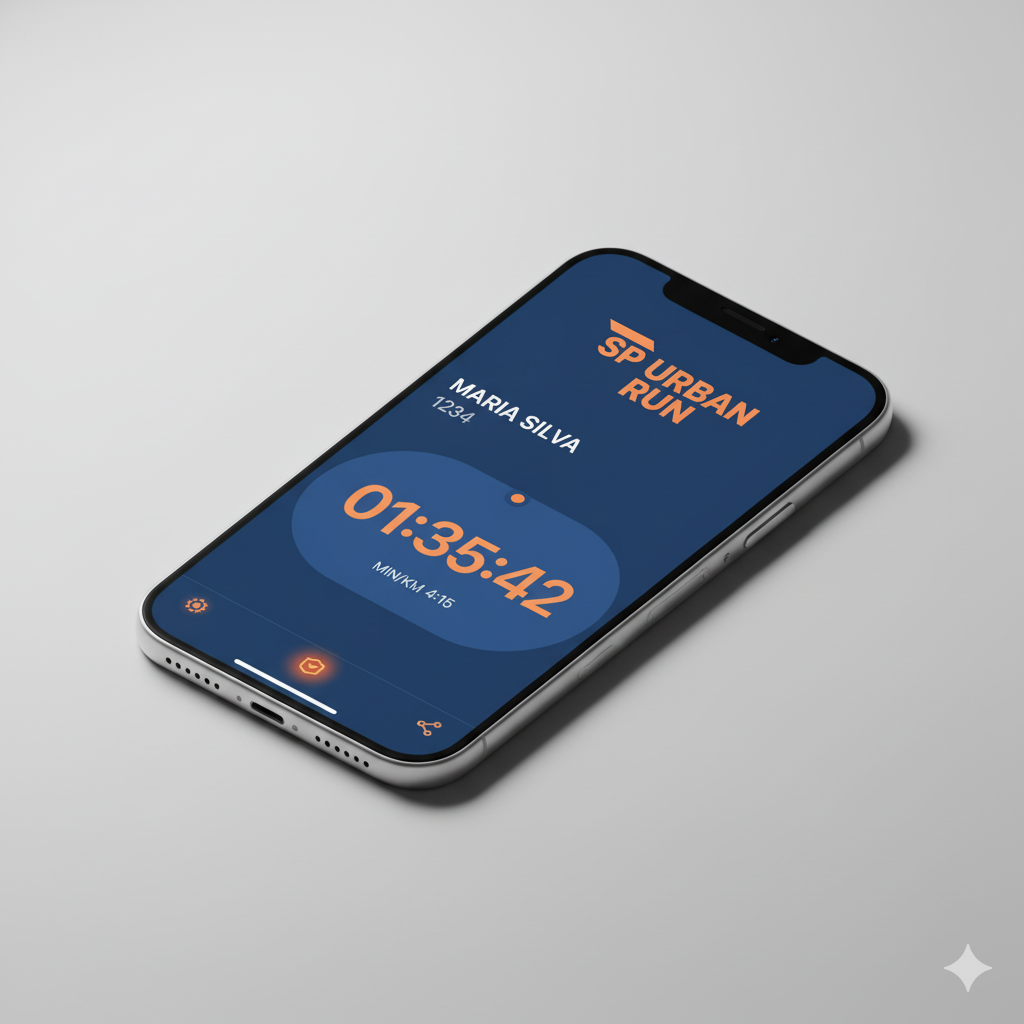 Celular exibindo uma página de resultados customizada com o logo e as cores de um evento.